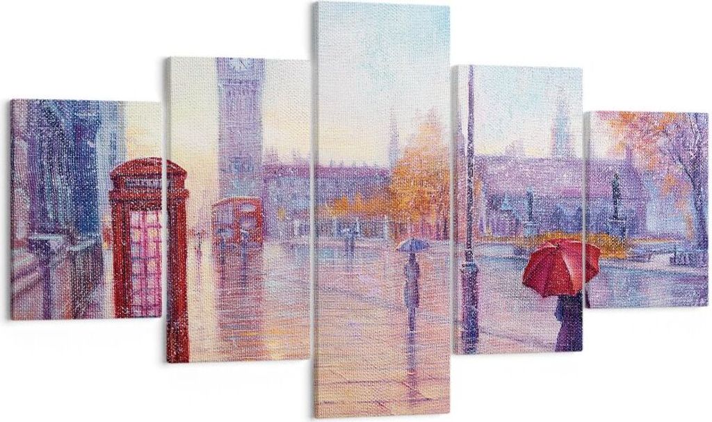 Bild auf Leinwand - Leinwandbild - 5 Teile - Groß Ben Regenschirm - 125x70cm - Wand Bild - Wanddeko - Wandbilder - Leinwanddruck - Bilder - Wandde...