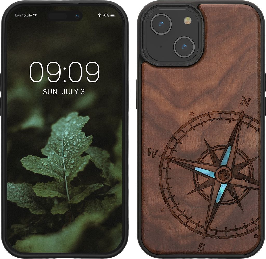 kwmobile Hülle kompatibel mit iPhone 15 Hülle - Holz Case - Handy Cover - TPU Handyhülle in Dunkelbraun Vintage Kompass mit Perlmutt