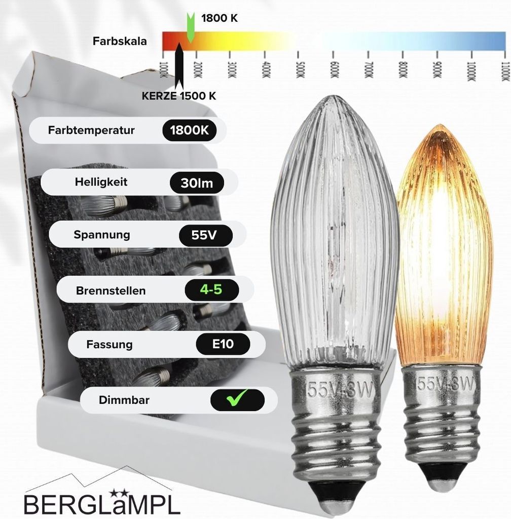 10x Stück E10 55V/3W Ersatzlampe für Schwibbogen, Produktbild 2