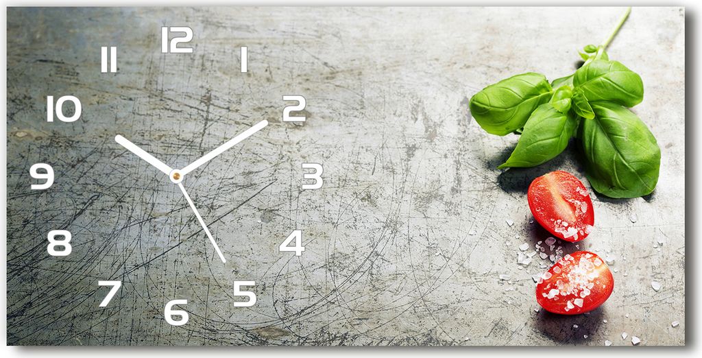 Wanduhr aus Glas – 60x30 cm - Glasbild - Glasuhr - Gehärtetes Glas - weisse-zeiger - Tomaten und Basilikum