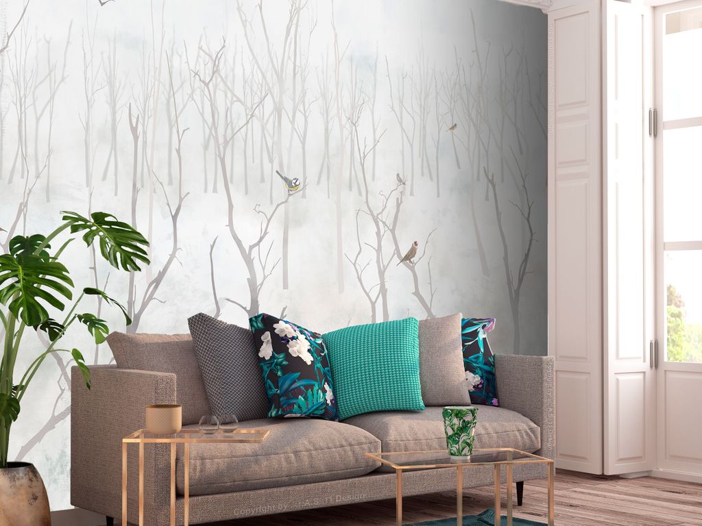 Vlies Fototapete Bäume 300x210 cm Tapeten Wandtapete XXL Vogel Wald Nebel Natur grau wie gemalt g-A-0337-a-a