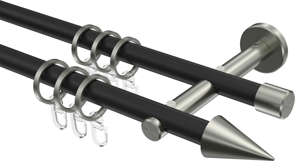 Interdeco Gardinenstange / Vorhangstange Schwarz / Edelstahl-Optik, Typ Medium Scarano (Kegel), 16 mm Ø 2-läufig, 320 cm