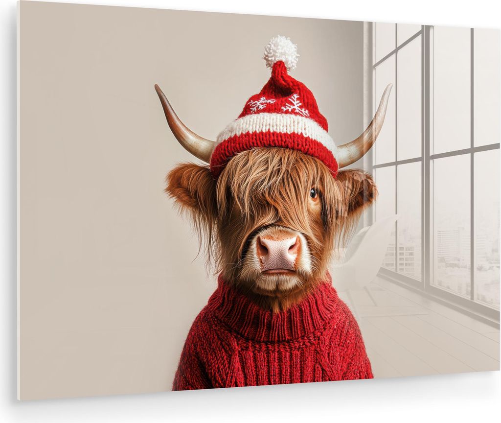 MuchoWow Glasbilder - Bilder auf Wandbild - Foto auf Glas Schottisches Hochlandrind - Weihnachten - Mütze - Pullover - Winter 120x80 cm Wanddekora...