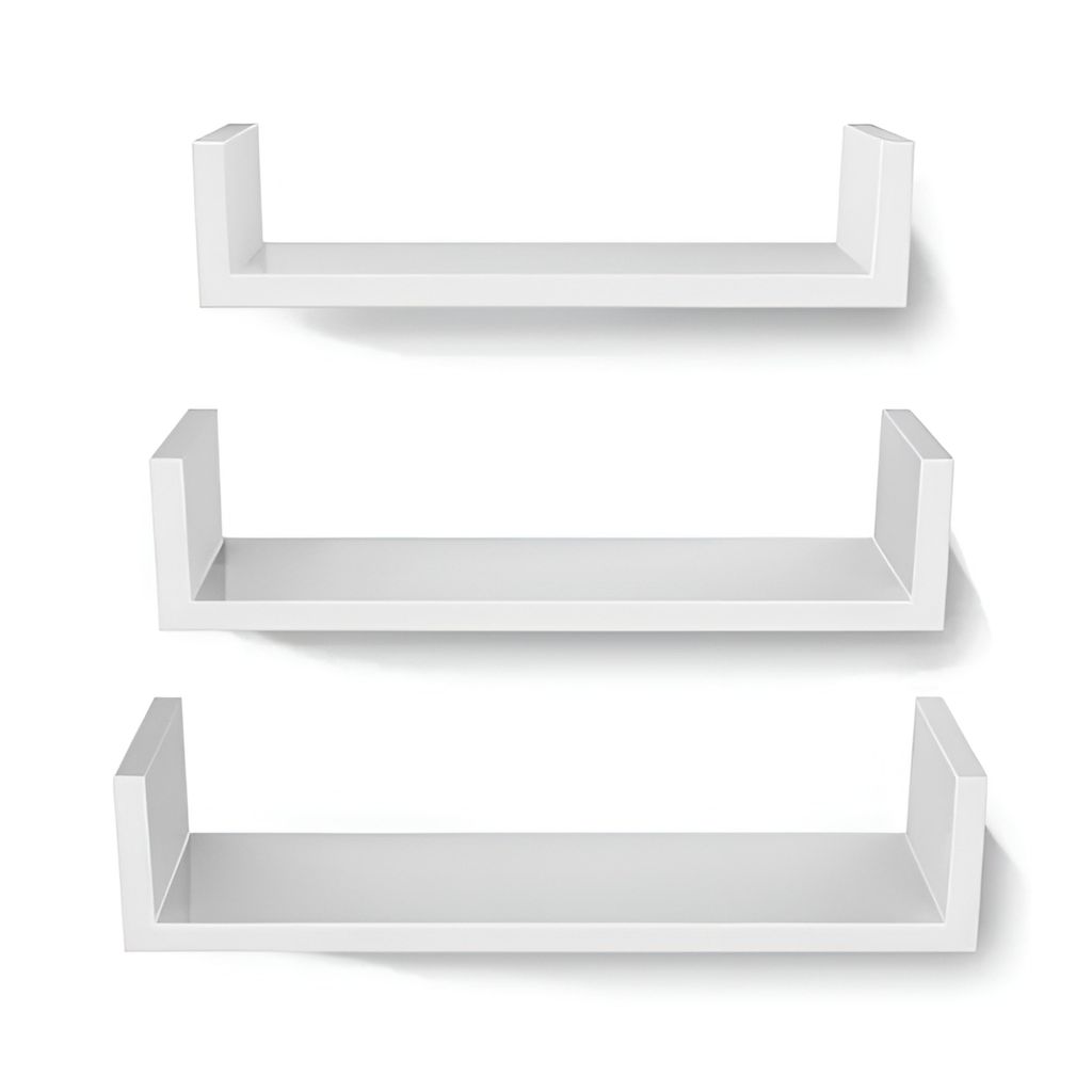 Three white U-shaped shelves are displayed vertically against a white background.
