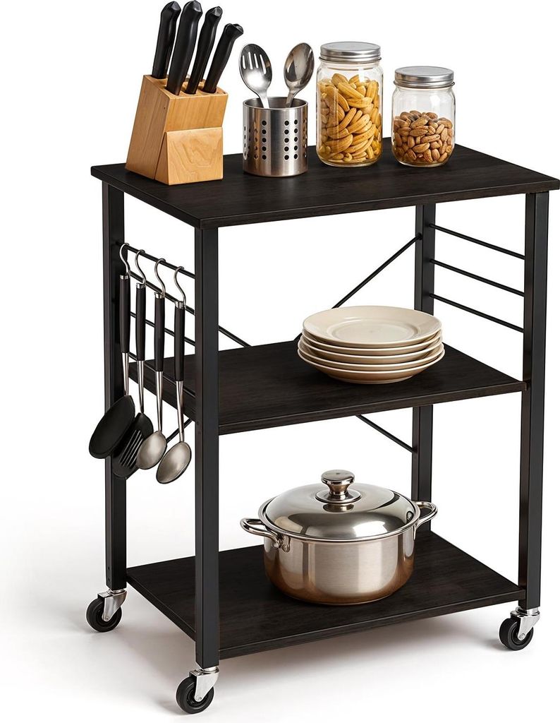 A kitchen cart with various kitchen items on it.