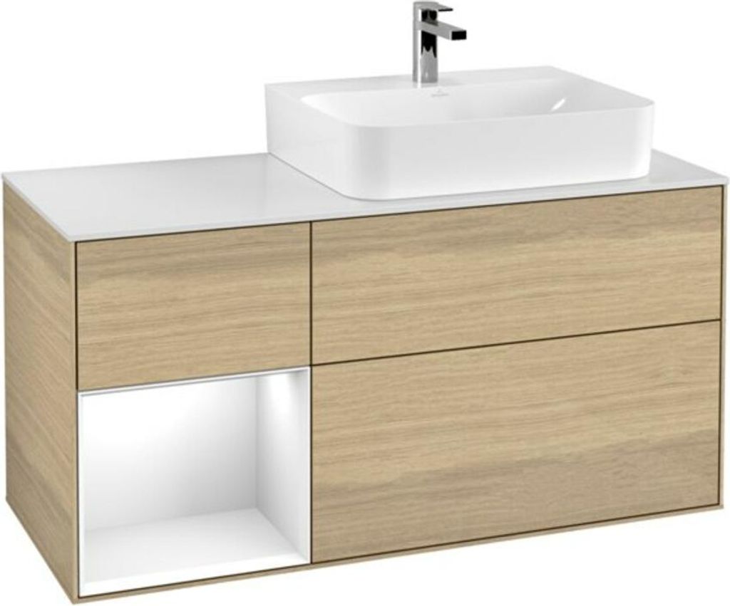 V&B Waschtischunterschrank Abdeckplatte Gl. wh. m Finion 120cm, Reg li glo wh. Lac, Oak Veneer