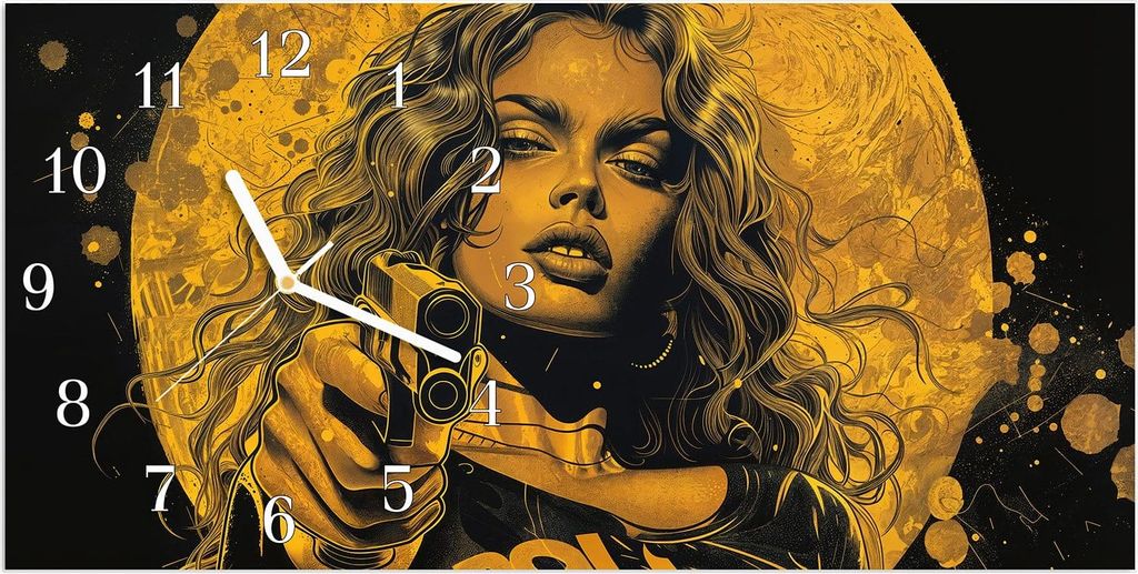 Wanduhr aus Glas mit Motiv Frau Mit Pistole Kunst- 60 x 30 Produktbild 