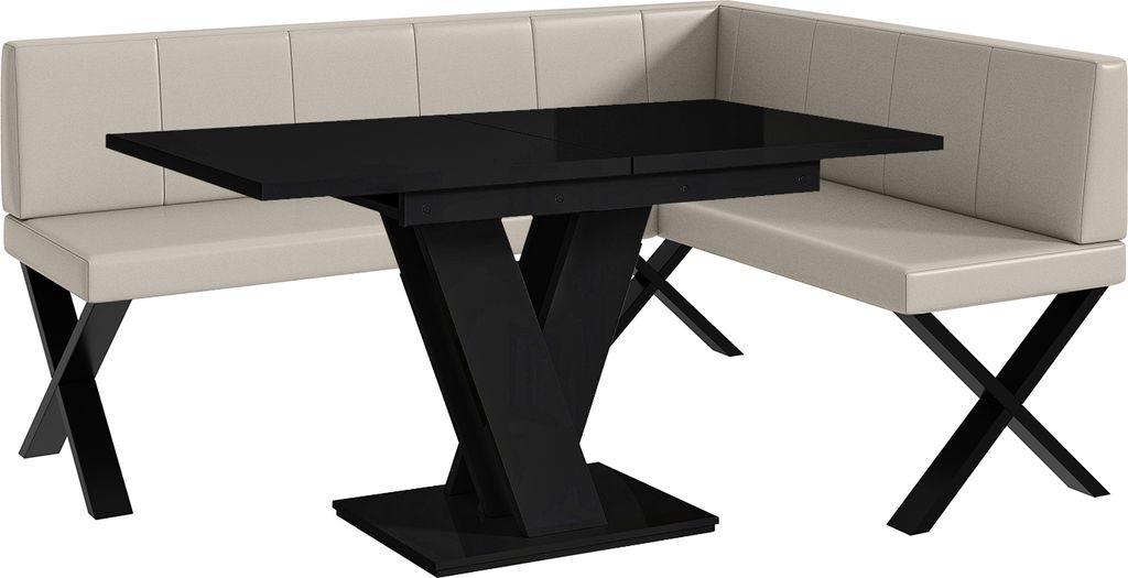 MEBLINI Eckbank für Esszimmer mit ausziehbarem Tisch - Küchenbank - Essecke - Sitzecke Küche - PETER - X-Beine 128x168x87cm Rechts - Beige Kuns...