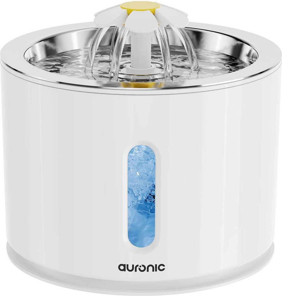 Auronic Trinkbrunnen für Katzen und Hunde - Leiser 2,4L Wasserspender mit 4 Filtern und 2 Bürsten - Wassernapf - Trinknapf - Weiß