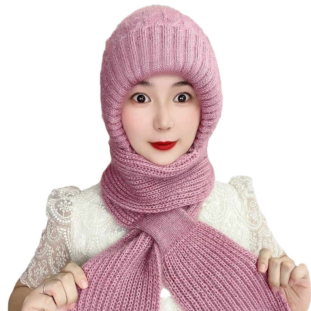 Damen Winter Integrierte Mütze Schal Verdickt Gestrickt Warm Weich Gemütlich Elastisch Ohren Nacken Kopfschutz Winddicht Einfarbig Sturmhaube Hal...