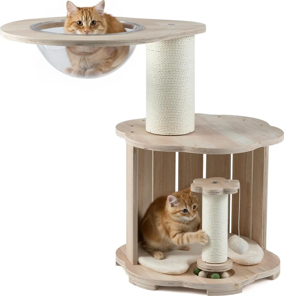 Arbre à chat en bois à 3 niveaux avec capsule spatiale et griffoirs