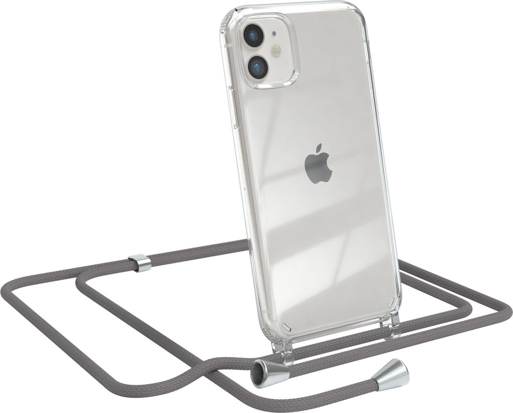 EAZY CASE Handykette kompatibel mit Apple iPhone 11, Handyhülle mit Umhängeband, Handykordel, Schutzhülle Clear, Band in Grau