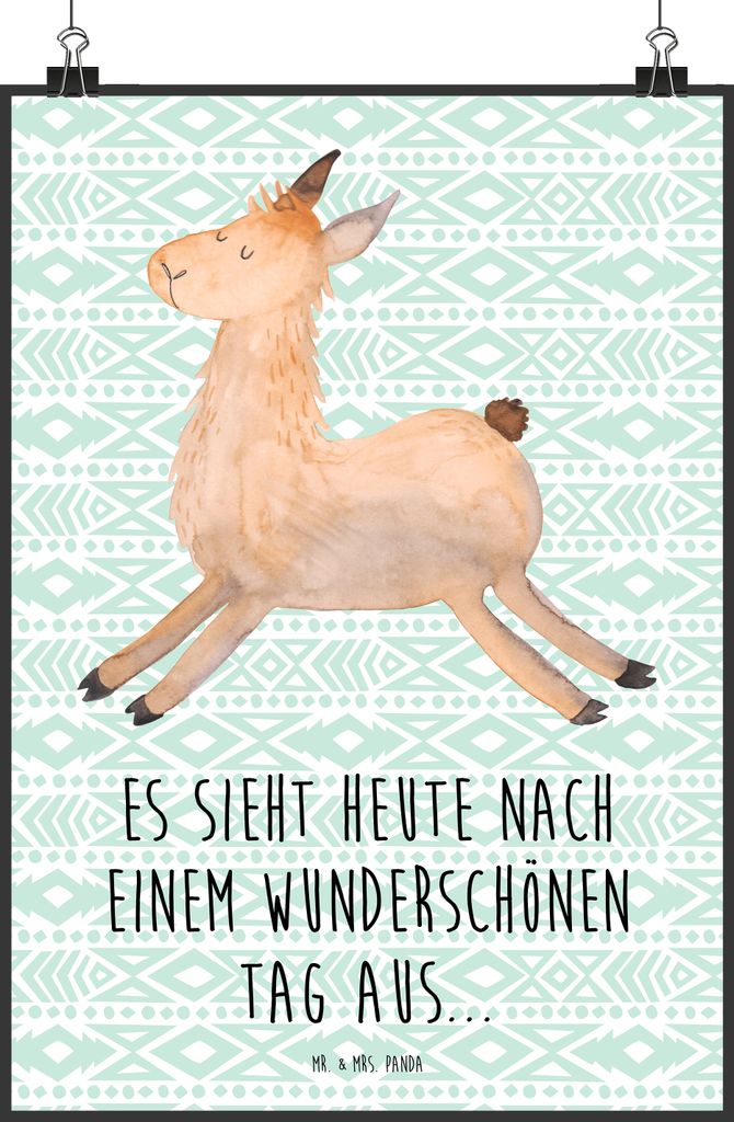 Mr. & Mrs. Panda Plakat Lama Springen DIN A5 - Aztekenblau - Geschenk, Lamas, Start, Deko Bild, Freundin, wanddeko, drucke, Guten Morgen, Wanddekor...