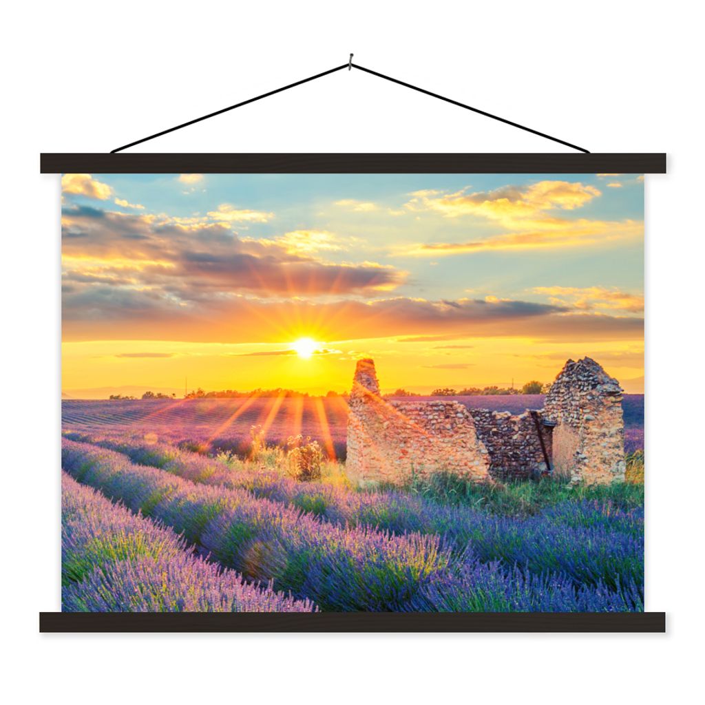 MuchoWow Textilposter Lavendel - Sonnenuntergang - Ruine - Lila 150x113 cm mit holzfarbenen Rahmen - Poster