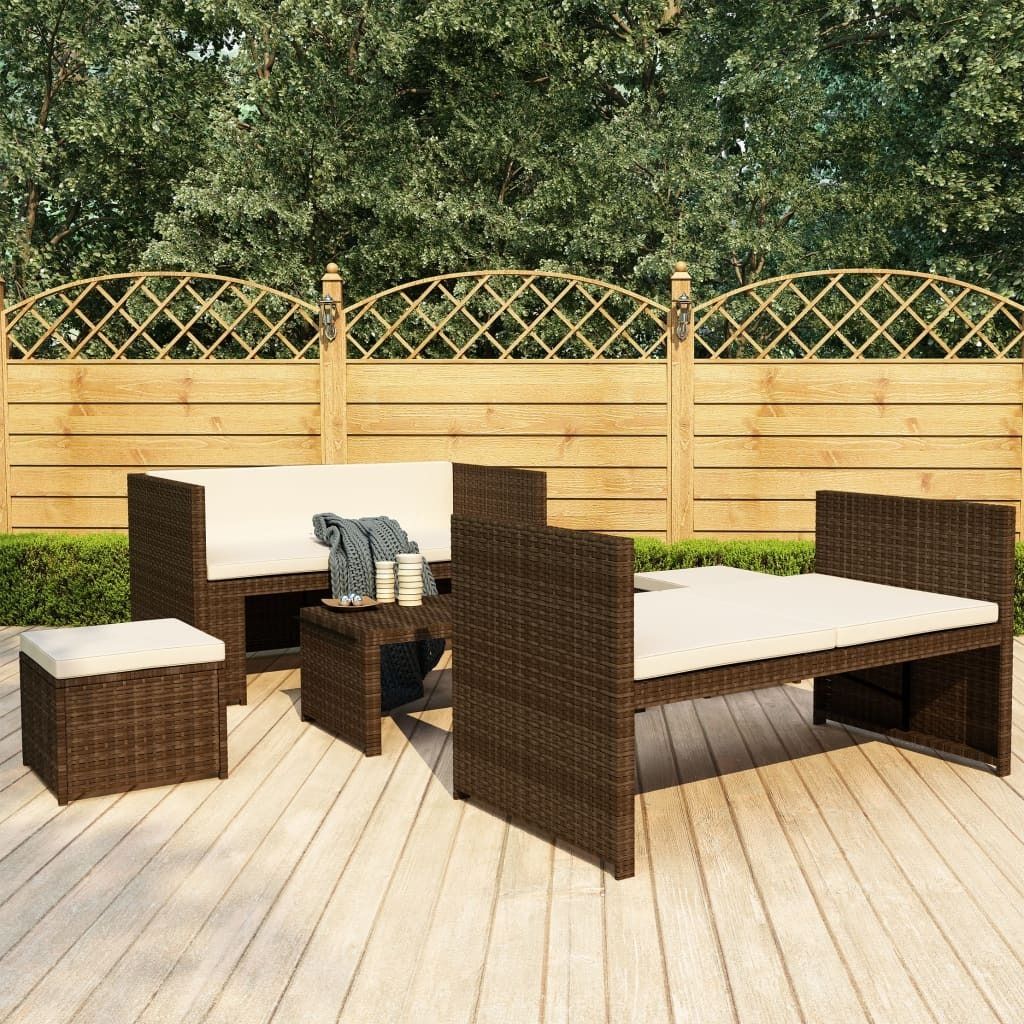 The Living Store 5-tlg. Garten-Lounge-Set mit Auflagen Poly Rattan Braun