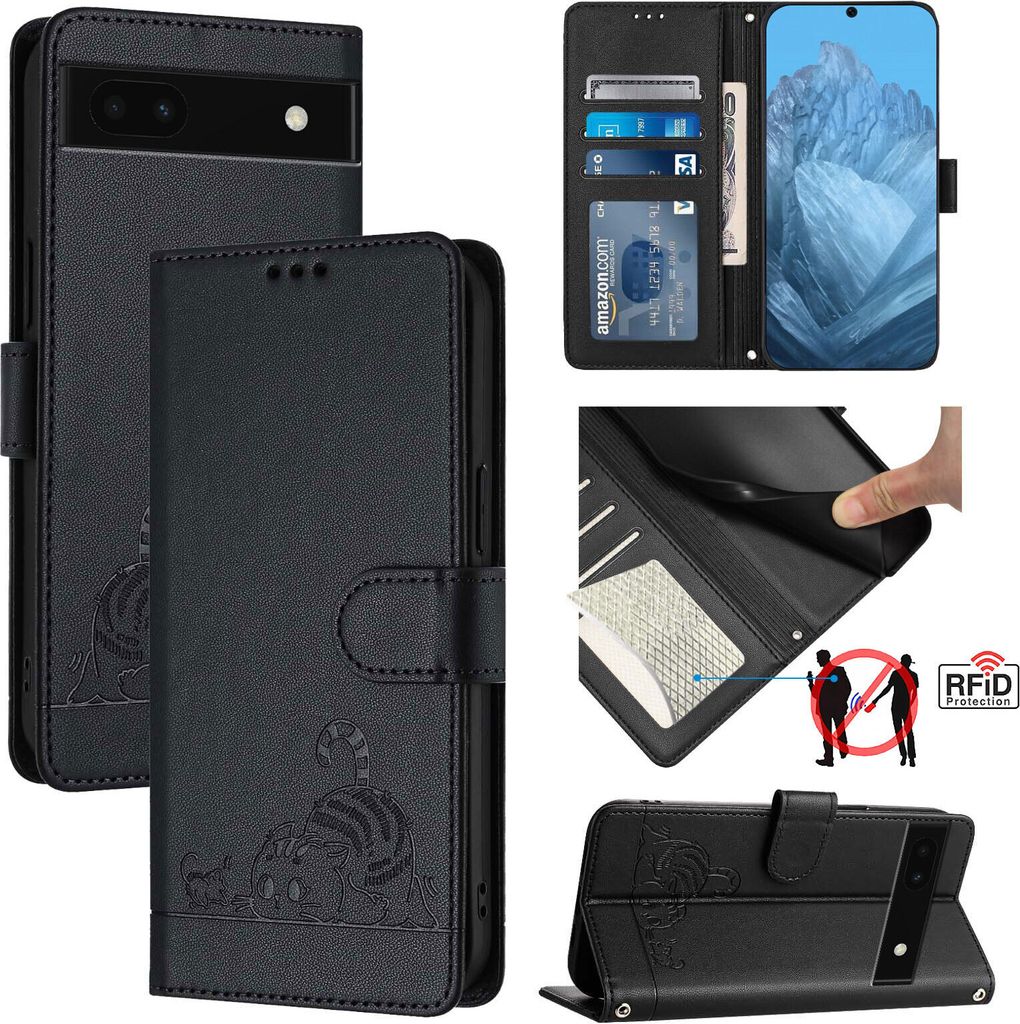 Leder Hülle für Google Pixel 6A Süße Katze Flip Case Brieftasche Schutzhülle mit Standfunktion Schwarz