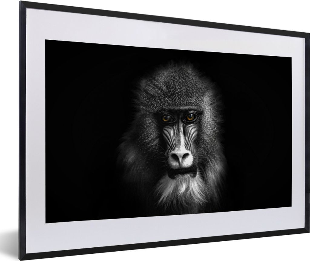 MuchoWow Gerahmtes Poster Affe - Tiere - Augen - Braun - Schwarz und weiß 60x40 cm - Poster mit Schwarzem Bilderrahmen Wandposter Rahmen Foto Bi...