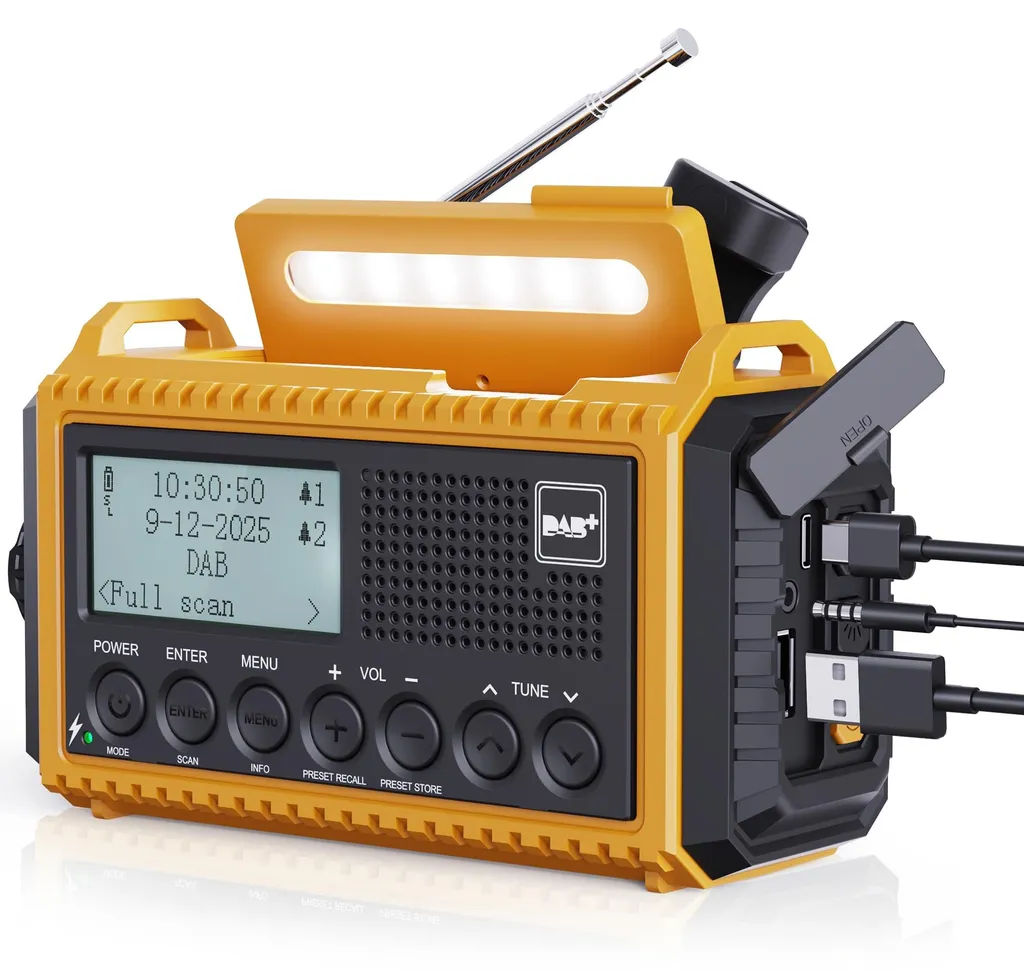 Radio Solaire DAB/FM à Manivelle avec 5000mAh, Lampe LED, SOS Camping