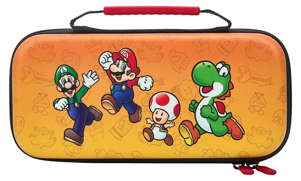 A Nintendo Switch carrying case with Mario characters printed on it.