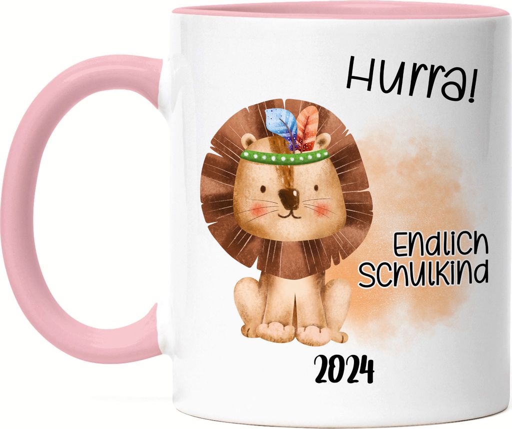 Endlich Schulkind 2024 Löwe Tasse Rosa Schulanfang Patenkind Einschulungs-Geschenk Schuleinführung