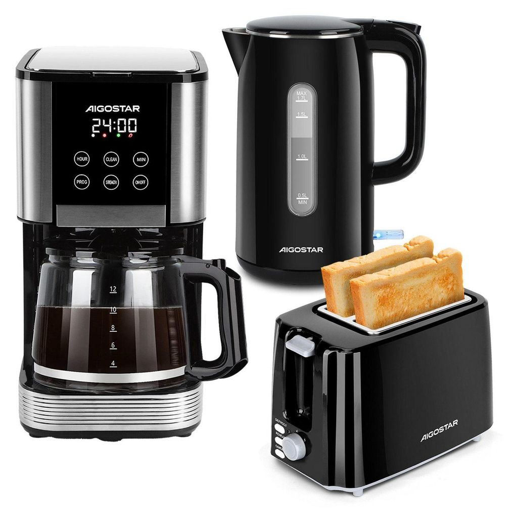 Aigostar - 14-Tassen Filterkaffeemaschine/ Wasserkocher 1,7L/ 2-Scheiben Toaster