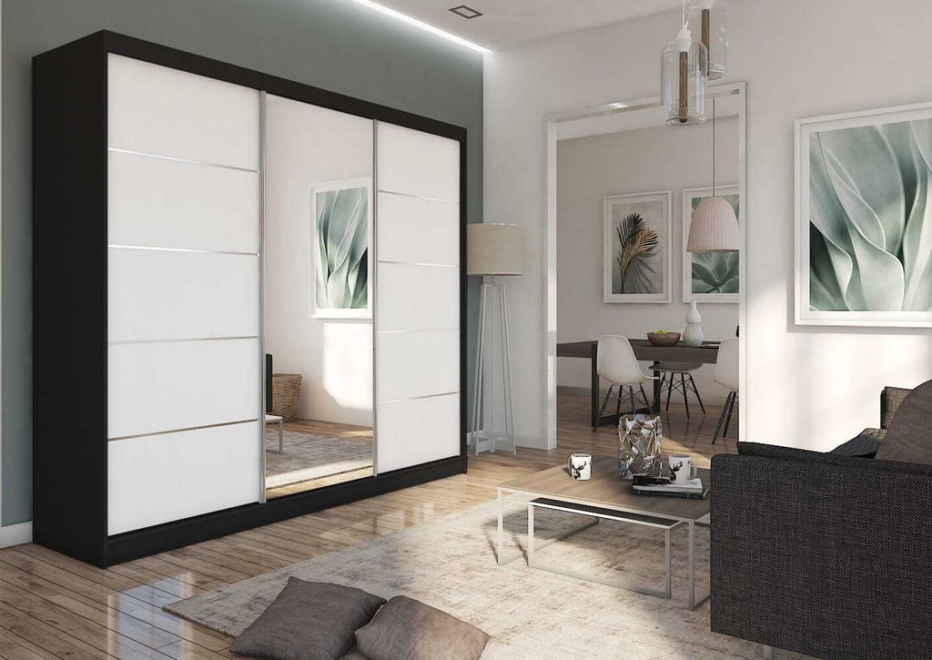 AGMAT Schwebetürenschrank Kira, Kleiderschrank mit 3 Türen und Spiegel, Moderne Garderobe in Farbe: Schwarz / Weiß, Schrank in Größe: 240 x 21...