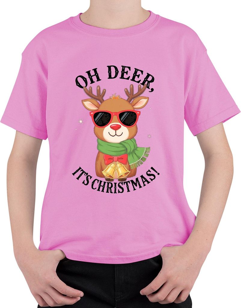 Oh Deer It's Christmas Rudolph Sonnenbrille Schal Glocken lustig Uni Kinder T-Shirt, Pink, 128