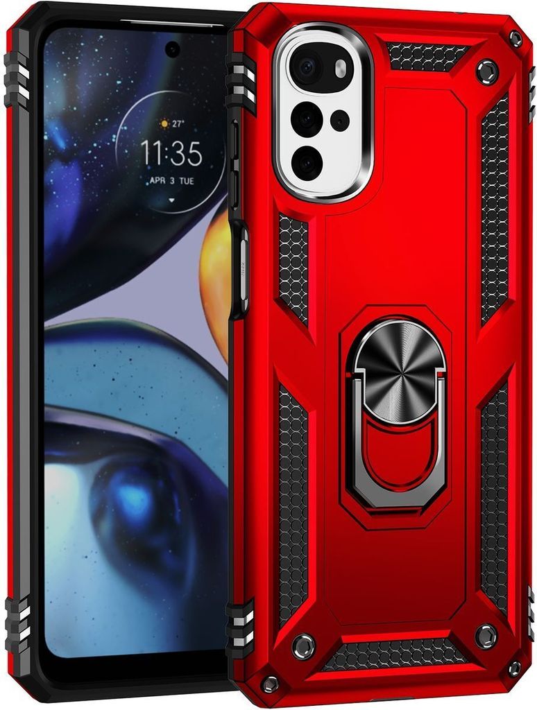 Mobigear Armor Ring Motorola Moto G22 Hülle Hardcase Backcover Stoßfest mit Ringhalter - Rot