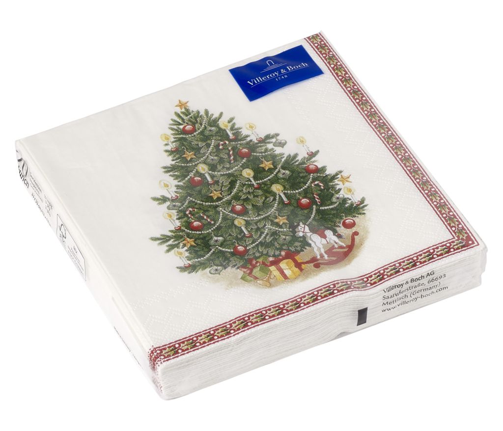 A stack of Christmas-themed paper napkins with a decorated Christmas tree design.