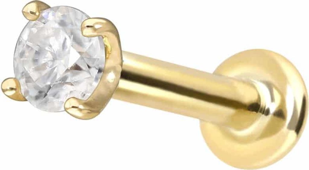 Ohrpiercing, Nasenpiercing 14 Karat Gold Labret mit Innengewinde MOISSANIT Gold Stablänge: 5mm | Stabstärke: 1mm | Kristallgröße: 2,5mm