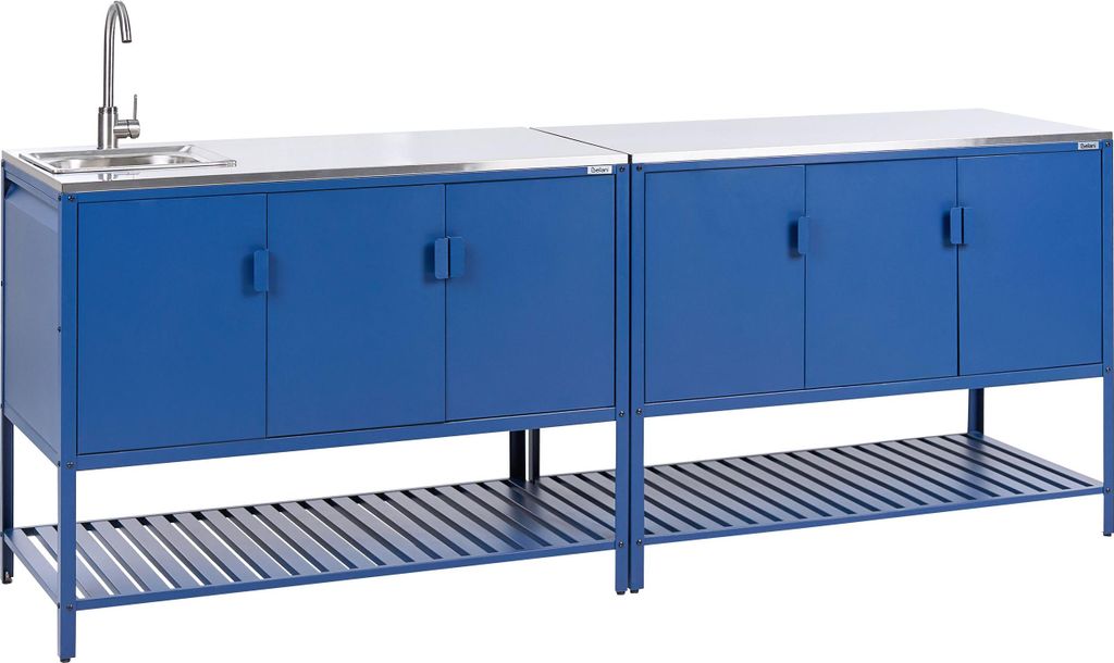 BELIANI Outdoor-Küche 2er Set Blau Stahl mit Spüle Edelstahlplatte Modern Gartenküche Outdoor-Küchenmöbel Kücheninsel für Garten Draußen