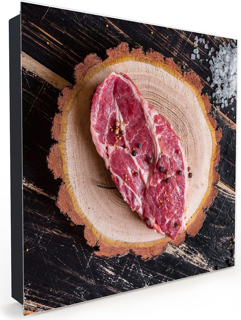 Nachbildung-Schlüsselkasten, Magnetpinnwand und Memoboard mit Glasfront Motiv Steak roh auf Holzplatte