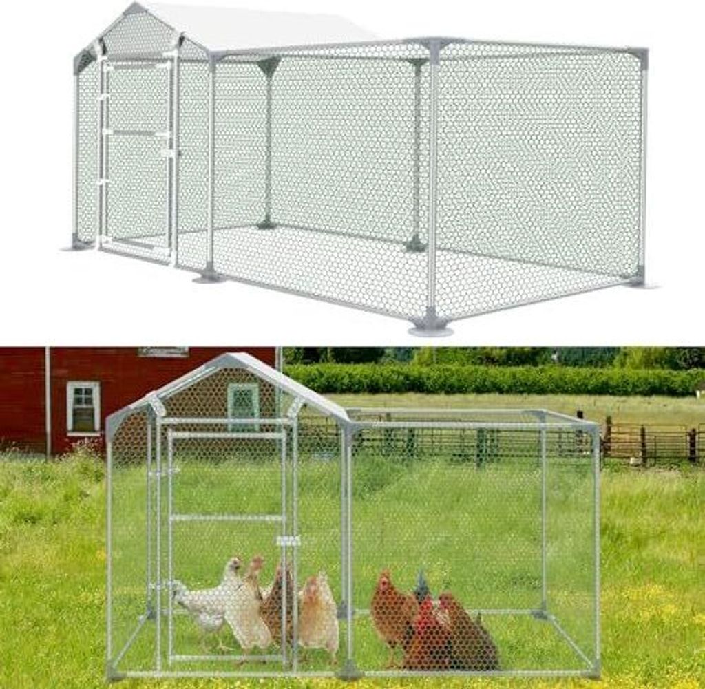 YUENFONG Freilaufgehege 2x1x1.4m Hühnerstall Außengehege mit Schloss, Verzinkter Stahlrahmen, PVC-beschichtetes Schatten Dach für Hühnerkäfig