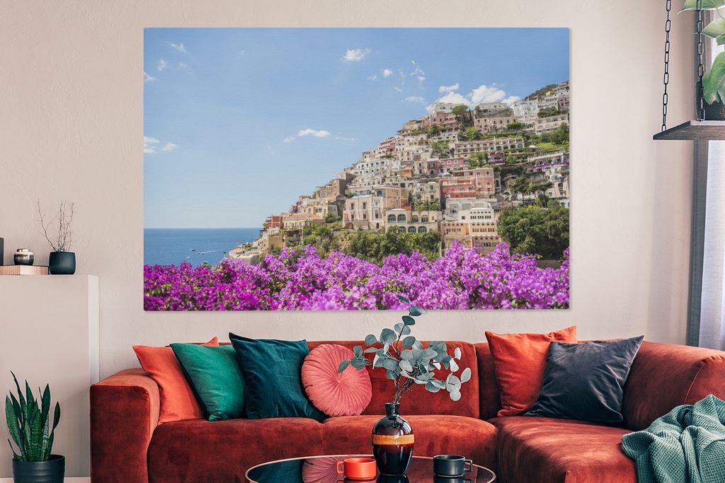 OneMillionCanvasses - Leinwandbilder - 150x100 cm, Blick auf die Amalfiküste mit Blumen, Wandbilder Kunstdruck Wanddekoration