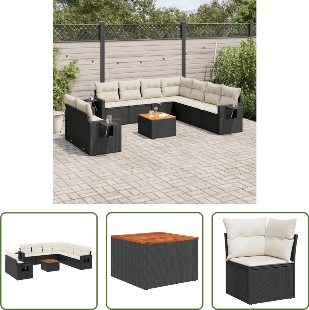 The Living Store 10-tlg. Garten-Sofagarnitur mit Kissen Schwarz Poly Rattan