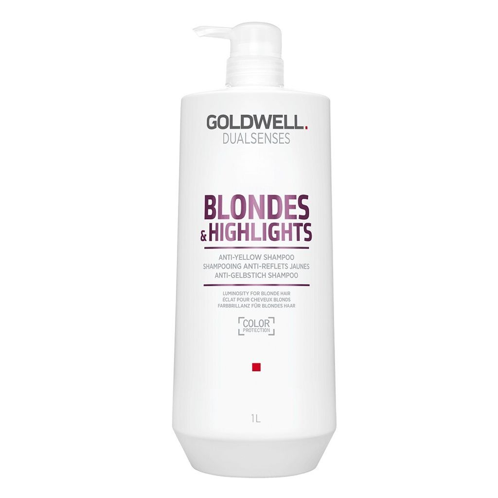 A white bottle of Goldwell Dualsenses Blondes & Highlights Anti-Yellow Shampoo with a pump dispenser.