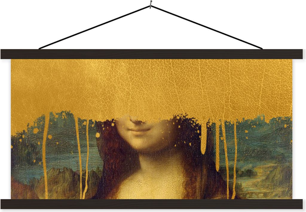 MuchoWow Textilposter Mona Lisa - Gold - Da Vinci 150x75 cm mit schwarzem Rahmen - Posterleiste