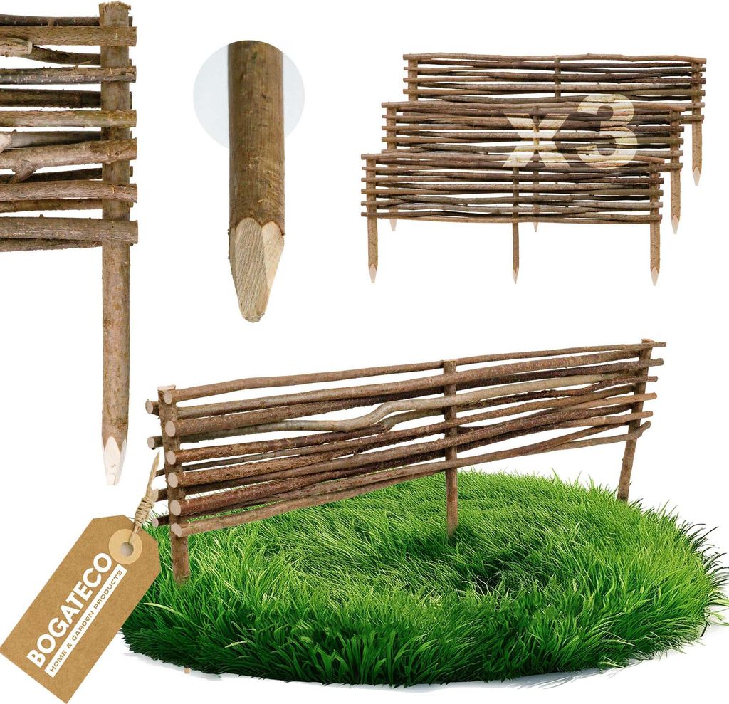 BOGATECO 3 x Haselnuss Beeteinfassung | 20 cm Hoch & 120 cm Lang | Staketenzaun Perfekt als Beet-Umrandung