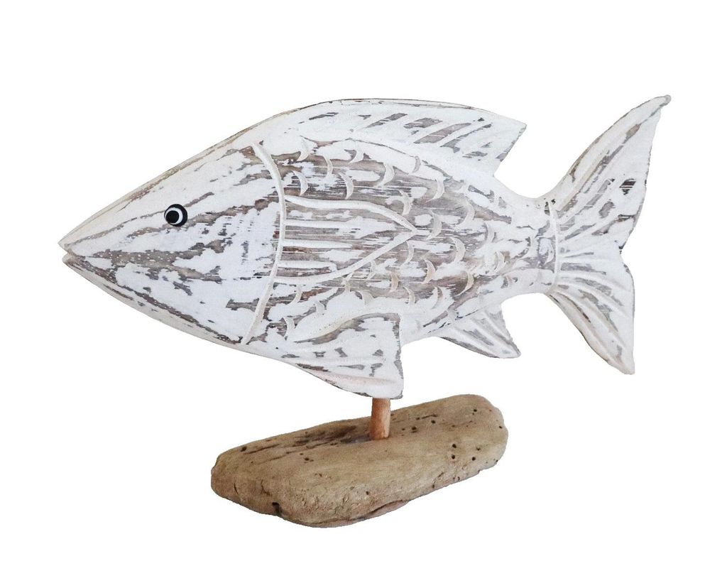 Deko Holz Fisch auf Treibholz Sockel Maritim Zierfisch Tier Figur Skulptur