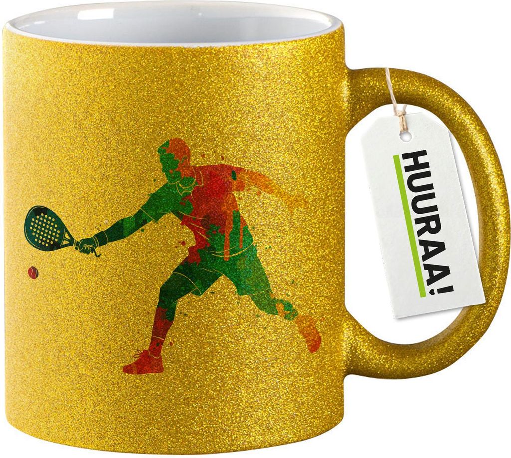 Huuraa Glitzertasse Padel Tennis bunte Silhouette 330ml Gold Keramik Kaffeebecher Geschenkidee