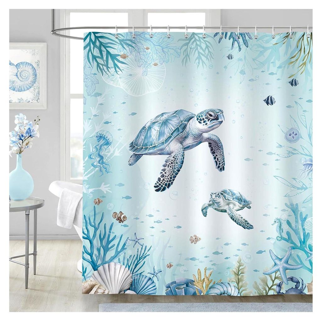 Duschvorhang Meeresschildkröte Blauer Ozean Maritim 180x180cm, Waschbar Polyester Stoff mit 12 Haken
