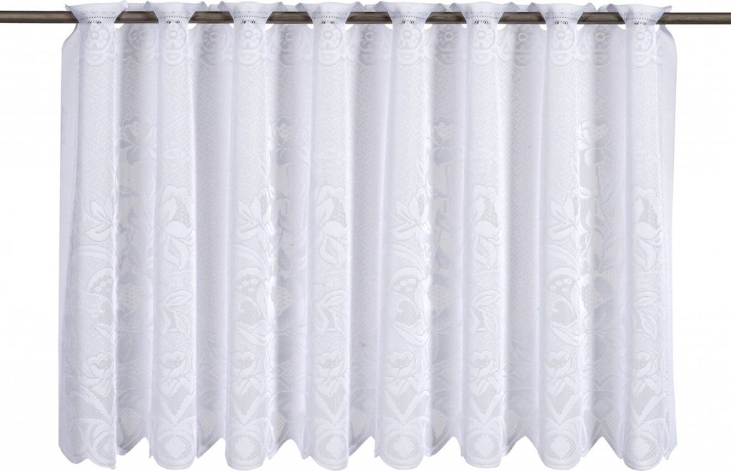 A white, semi-transparent curtain with a floral pattern, hanging from a rod.