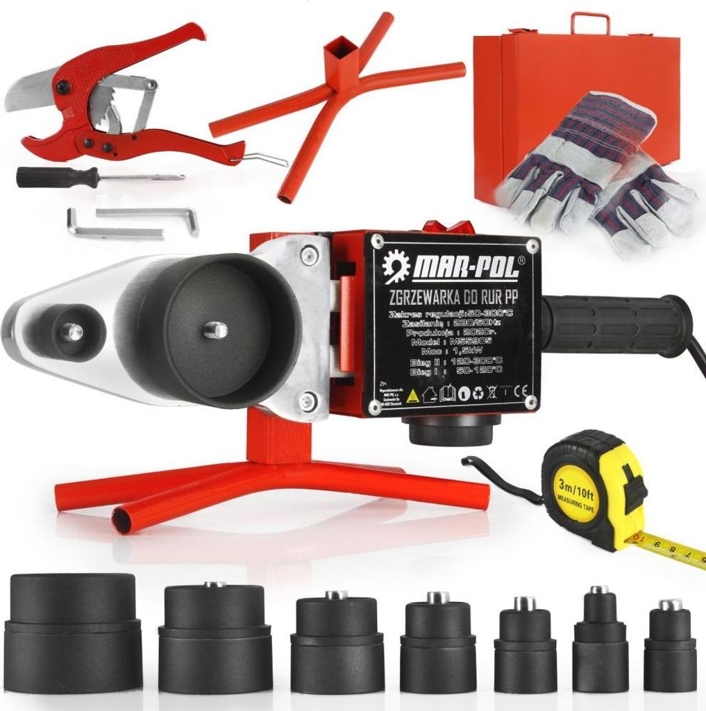 A collection of tools for welding PVC pipes, including a pipe cutter, welding machine, stand, gloves, measuring tape, and various dies.