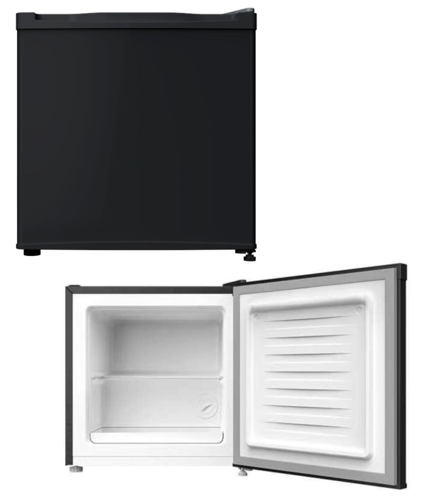 A black mini-fridge is shown from two angles: closed and open.