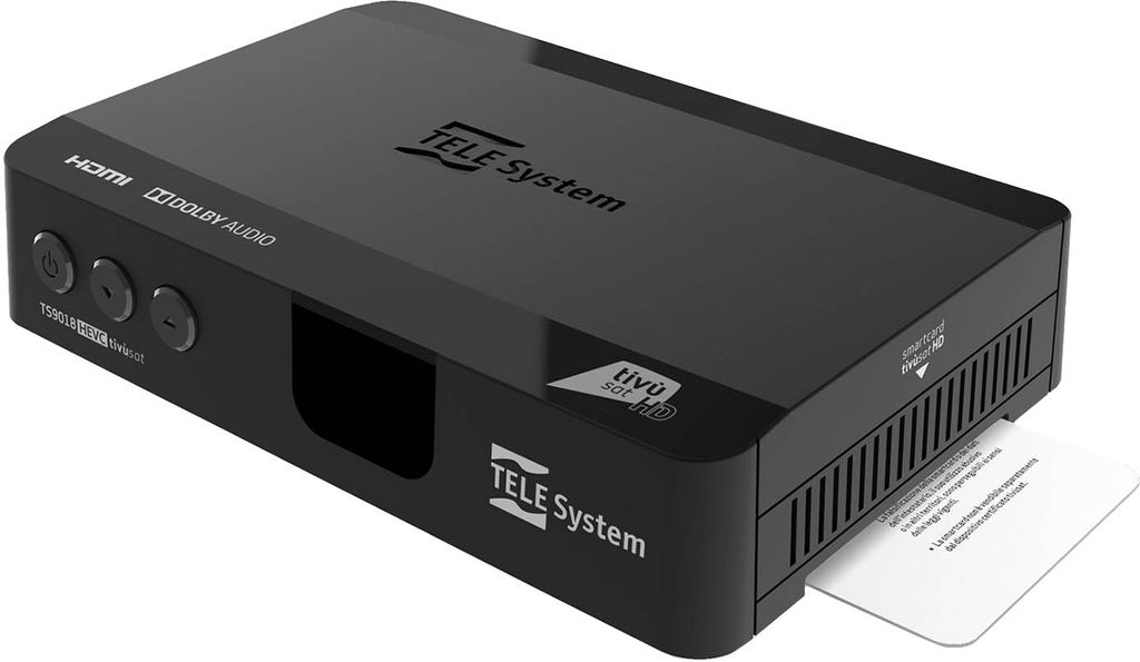 A black satellite receiver with a smart card partially inserted.