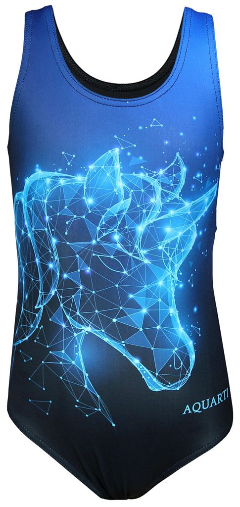 Aquarti Mädchen Badeanzug mit Ringerrücken Print, Farbe: Einhorn Blau / Schwarz, Größe: 140
