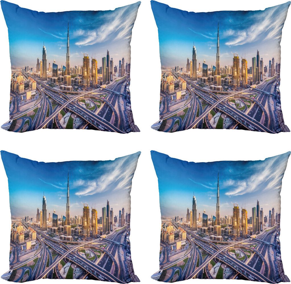 ABAKUHAUS Stadt Kissenbezug Set (4 Stück), Panorama-Dubai Verkehr, Moderner Doppelseitiger Digitaldruck, 60 cm x 60 cm, Blau Elfenbein Marigold