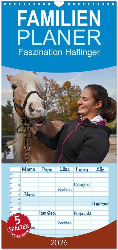 Familienplaner 2026 - Faszination Haflinger mit 5 Spalten (Wandkalender, 21 x 45 cm) CALVENDO
