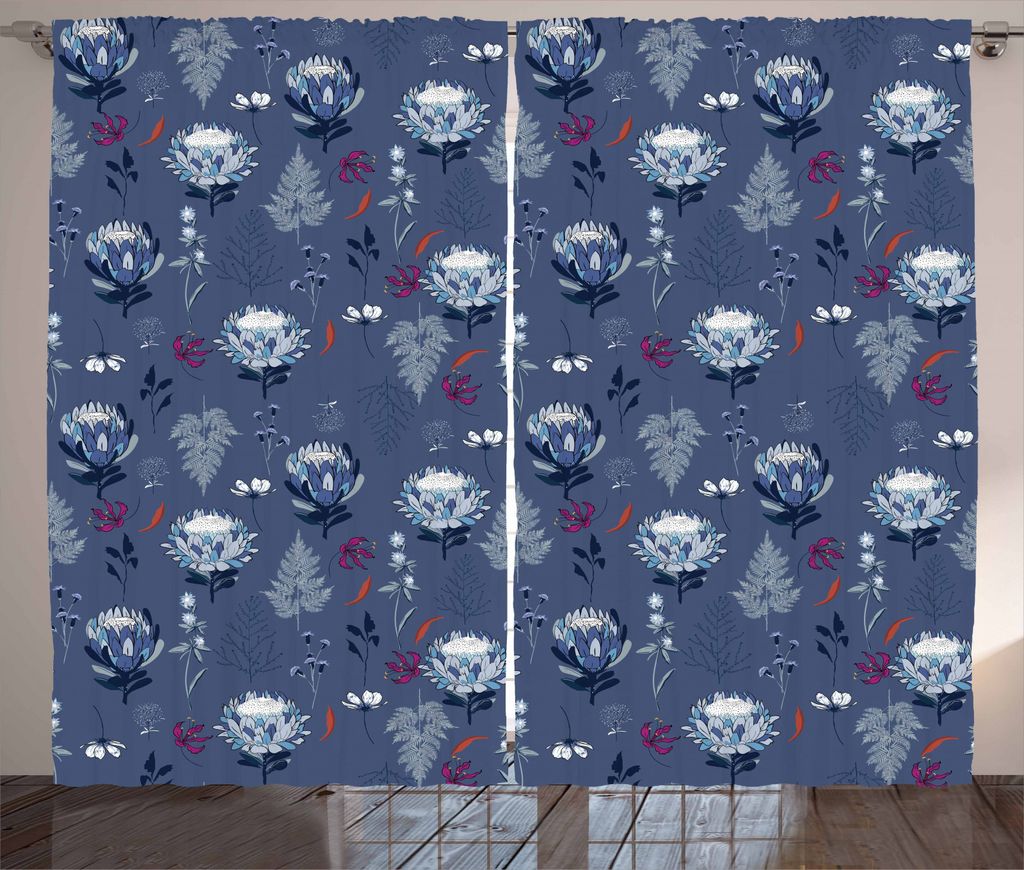 ABAKUHAUS Botanisch Rustikaler Gardine, Blue Tone Protea, Schlafzimmer Kräuselband Vorhang mit Schlaufen und Haken, 280 x 245 cm, Mehrfarbig