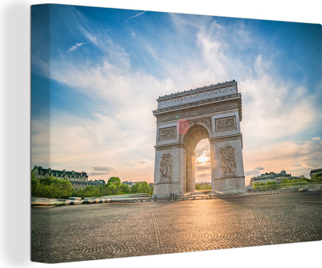 OneMillionCanvasses - Leinwandbilder - 150x100 cm, Blick auf den Triumphbogen in Paris mit einem schönen Wolkenfeld bei Sonnenaufgang, Wandbilde...
